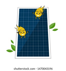 Sollar batter and two cute sun beam characters. Solar energy and power concept to save the environment. Alternative renewable energy source, electricity technology concept for infographics and kids