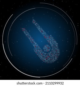 The solo bobsleigh symbol filled with white dots. Pointillism style. Some dots is red. Vector illustration on blue background with stars
