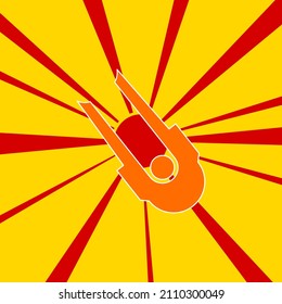 Solo bobsleigh symbol on a background of red flash explosion radial lines. A large orange symbol is located in the center of the sunrise. Vector illustration on yellow background