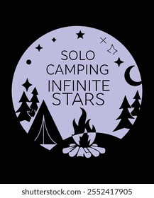 Solo Camping Infinite Stars T-shirt Design Con un diseño minimalista de un campista bajo un vasto cielo nocturno estrellado, esta camiseta celebra la paz y la magia de las noches pasadas solo en la naturaleza.