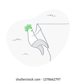 Solo climber climbs a sheer cliff. He is hanging by a cliff over the precipice. Risk, moving forward despite obstacles and dangers. Flat outline isolated vector illustration on white.