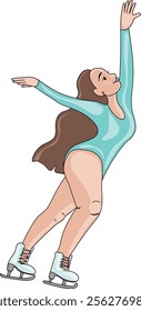 A solo female figure skater in a teal outfit performing a graceful pose on ice vector illustration. Her arms are extended upward with elegance, showcasing poise, balance, and artistry.