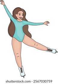 Solo female figure skater in a teal outfit performing a graceful pose on ice vector illustration. Her arms are extended upward with elegance, showcasing poise, balance, and artistry.