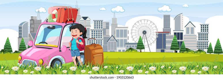 Solo female travelling with urban outdoor scene illustration