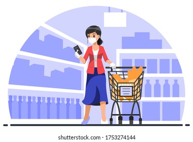 Solo female wearing medical masks and glove safety walking with a shopping cart in the supermarket store, new normal, social distancing.Vector illustration flat cartoon design for banner, and webpage.