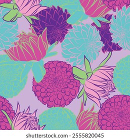 Solo Flower stylized Dahlia seamless Pattern Artistic abstract flowers, leaves seamless. Vector hand drawn. Elegance Amethyst Glow, mauve, Aurora Green, Oceanic Blue, Warm Purple Stylized dahlia