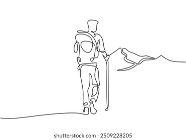 Solo hiker depicted in a single continuous line drawing, using a stick to hike up a mountain. Features mountain climbing in a minimalist vector art style.