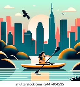 Solo kayaker enjoys cityscape at dawn, vector illustration, depicting a blend of outdoor activity and urban environment.