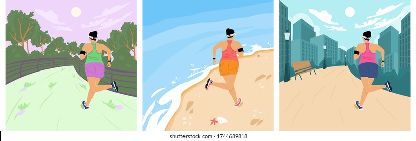 Solo outdoor activities concept. Collection of Young woman is running alone in the city, park and on the beach. Flat style vector illustration