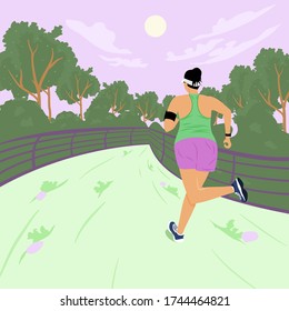 Solo outdoor activities concept. Young woman is running alone in park. Flat style vector illustration