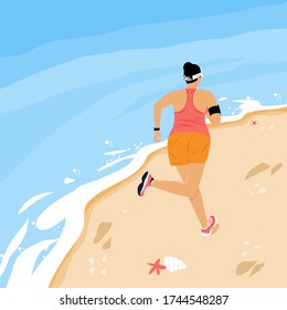 Solo outdoor activities concept. Young woman is running alone on the beach. Flat style vector illustration