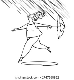 Solo outdoor activities  Happy girl runs and an umbrella in the rain  Walk under the rain  Vector outline style  Doodle style