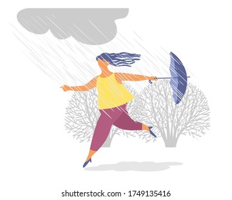 Solo outdoor activities. a happy girl runs with an umbrella in the rain in the Park. a girl jumps through puddles. Walking in the rain. Flat style. vector