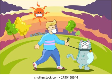 Solo outdoor activities take a cat for a walk,new normal,social distancing,Strolling in the park,cartoon character colorful,after lockdown Coronavirus outbreak and coronaviruses influenza.