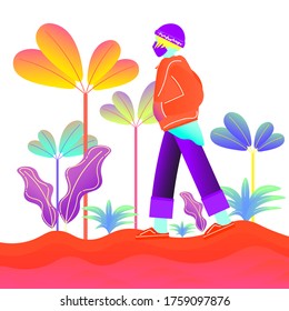 Solo outdoor activities vector illustration. Enjoying time alone in nature vector illustration. Walking alone vector illustration. Colorful flat design. New normal vector flat design