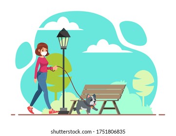 Solo outdoor activity female wearing medical masks walking with a bulldog dog in the park, new normal, social distancing, enjoying time alone in nature.Vector illustration flat for banner and website.