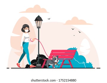 Solo outdoor activity female wearing medical masks walking with a bulldog dog in the park, new normal, social distancing, enjoying time alone in nature.Vector illustration flat for banner and website.