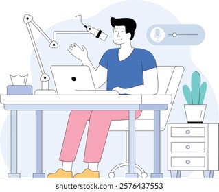 solo person hosting live streaming session concept, podcaster Preparing Content vector design, Podcast slice-of-life journalism scene, Web television series banner vodcast  audio blogging illustration