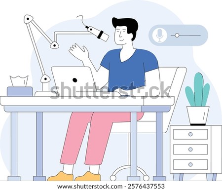 solo person hosting live streaming session concept, podcaster Preparing Content vector design, Podcast slice-of-life journalism scene, Web television series banner vodcast  audio blogging illustration