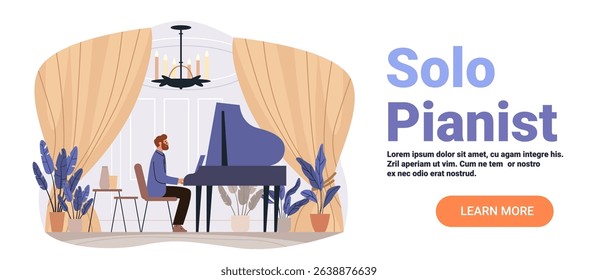 Solo pianist grand piano performance elegant room indoor concert plants chandelier curtains modern website banner