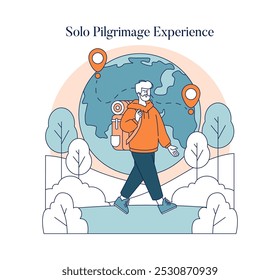 Concepto de experiencia de peregrinación en solitario. Un viajero se embarca en un viaje espiritual a través del mundo, en busca del autodescubrimiento. Crecimiento interior, exploración mundana, solo de mochilero. Ilustración vectorial.