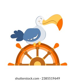 Solo print illustration with albatros on sailboat wheel. Funny exotic bird for apparel, room decor, tee print design, poster and greeting card