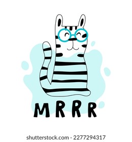 Solo print illustration with cute cat and hand drawn lettering Mrrr. Funny pet for apparel, room decor, tee print design, poster and greeting card