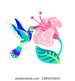 Solo print illustration with hummingbird wth flower. Funny comic bird for apparel, room decor, tee print design, poster and greeting card