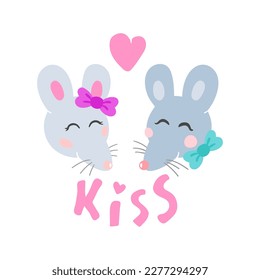 Solo print illustration with kissing mice and hand drawn lettering Kiss. Funny animals  for apparel, room decor, tee print design, poster and greeting card