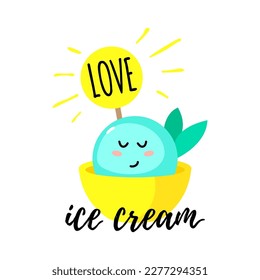 Solo print illustration with shining ice cream and hand drawn lettering Love ice cream. Funny clipart  for apparel, cafe, room decor, tee print design, poster and greeting card