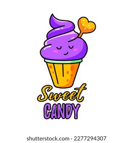 Solo print illustration with touching cake and lettering Sweet Candy. Funny clipart  for apparel, cafe, room decor, tee print design, poster and greeting card