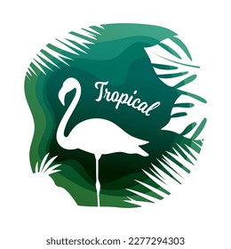 Solo print illustration with tropical leaf and flamingo, lettering Tropical. Funny exotic bird for apparel, room decor, tee print design, poster and greeting card