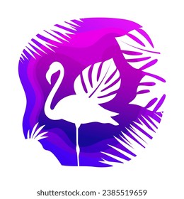 Solo print illustration with tropical leaf and flamingo in ultraviolet light. Funny exotic bird for apparel, room decor, tee print design, poster and greeting card