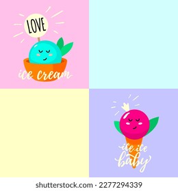 Solo print illustration with two ice cream characters on colorful squares. Funny clipart  for apparel, cafe, room decor, tee print design, poster and greeting card
