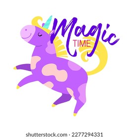 Solo print illustration with unicorn and hand drawn lettering Magic time. Funny animal for apparel, room decor, tee print design, poster and greeting card