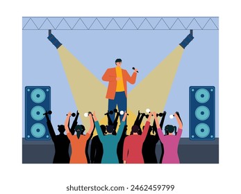 Solo singer performing a concert with many young female fans, vector illustration.