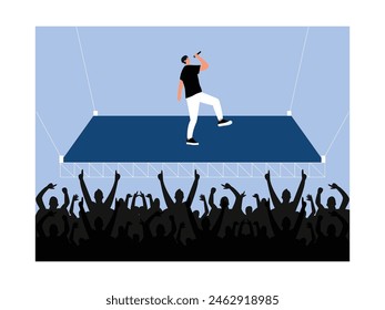 Cantante en solitario actuando en un escenario colgante en un concierto especial para fans, Ilustración vectorial.