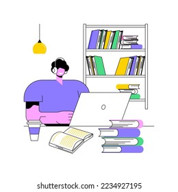 Solo-Studie isolierte Cartoon-Vektorgrafiken. Junge Junge, die allein in der Universitätsbibliothek studieren, Leidenschaft für das Lernen, Bildungsprozess an der Uni, erhalten neue Informationen Vektorgrafik.