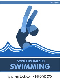 Solo synchronized swimming sports. Female contest. Vector. Icon, pictogram. Summer international sports. Girls are swimming in the pool. Women of competition. Symbol of championship, club.