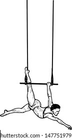 A solo trapeze artist performing on a swinging bar. Hand drawn vector illustration. 