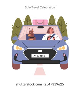 Concepto de celebración de viaje solo. Mujer alegre con el perro que se embarca en un viaje por carretera, disfrutando de la libertad y de la aventura. Independiente momento de vacaciones. Ilustración vectorial.