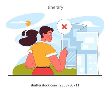 Solo travel. Character planning an outdoor relaxation, vacation activity. Adventurous lifestyle, traveler studying a map. Flat vector illustration