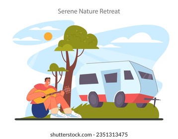 Solo travel. Character traveling alone with a back pack. Retreat camp. Adventurous lifestyle, traveler exploring nature. Flat vector illustration