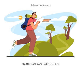 Solo travel. Character traveling alone with a back pack. Outdoor relaxation, vacation activity. Adventurous lifestyle, traveler exploring nature. Flat vector illustration