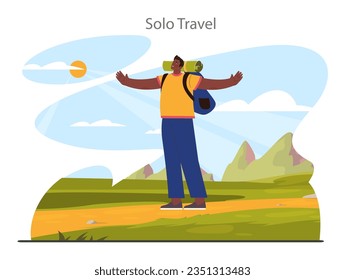 Solo travel. Character traveling alone with a back pack. Outdoor relaxation, vacation activity. Adventurous lifestyle, traveler exploring nature. Flat vector illustration