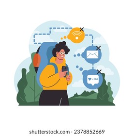 Solo travel, honeymoon. Character traveling with a back pack. Outdoor relaxation, vacation activity. Adventurous lifestyle, traveler exploring nature. Digital detox. Flat vector illustration