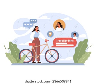 Viaje solo, luna de miel. Personaje femenino viajando solo. Viaje en bicicleta. Estilo de vida aventurero, viajero explorando la naturaleza en bicicleta. Ilustración vectorial plana