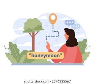 Solo travel, honeymoon. Female character traveling alone. Woman outdoor relaxation, vacation activity. Adventurous lifestyle, traveler exploring nature by herself. Flat vector illustration
