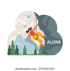 Solo travel, honeymoon. Mountaineering. Mountain female climber during nature adventure. Woman climbing rock wall using special equipment. Flat vector illustration