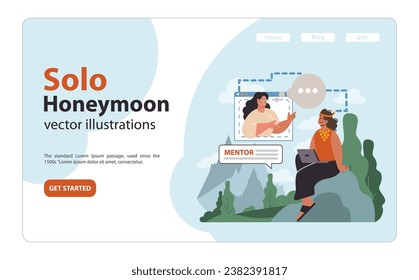 Solo travel, honeymoon on a retreat resort web banner or landing page. Female character doing spiritual therapy with a mentor. Mindfulness and relaxation practice. Flat vector illustration
